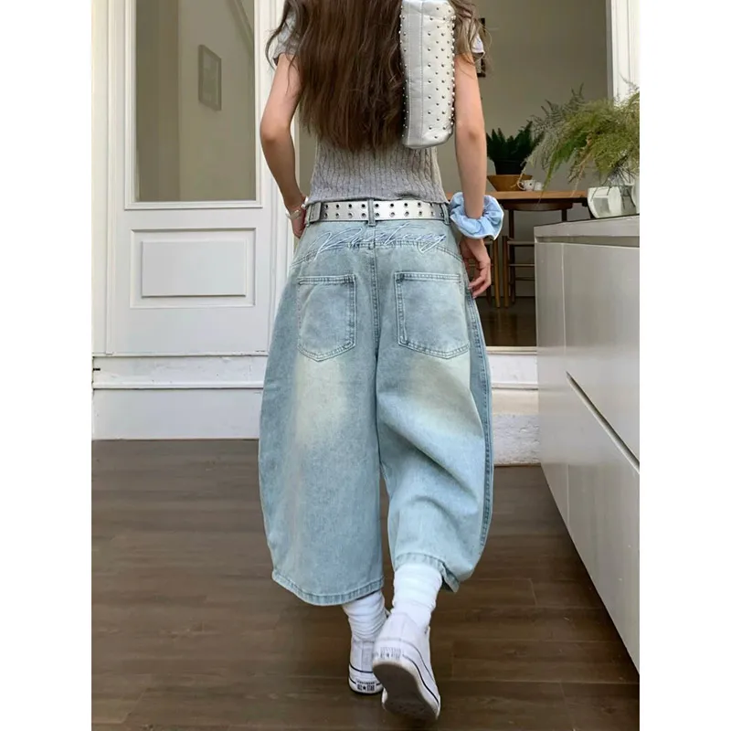 Cargo Pant Wide - Women Knee Length Cargo Jeans Harajuku