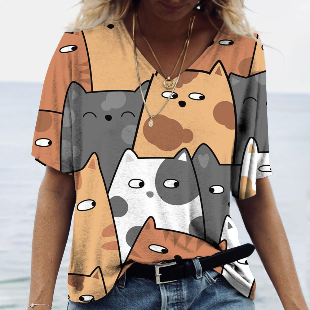 Fashion Street Cat - Fashion V-neck Women's T-Shirts Cartoon Cat