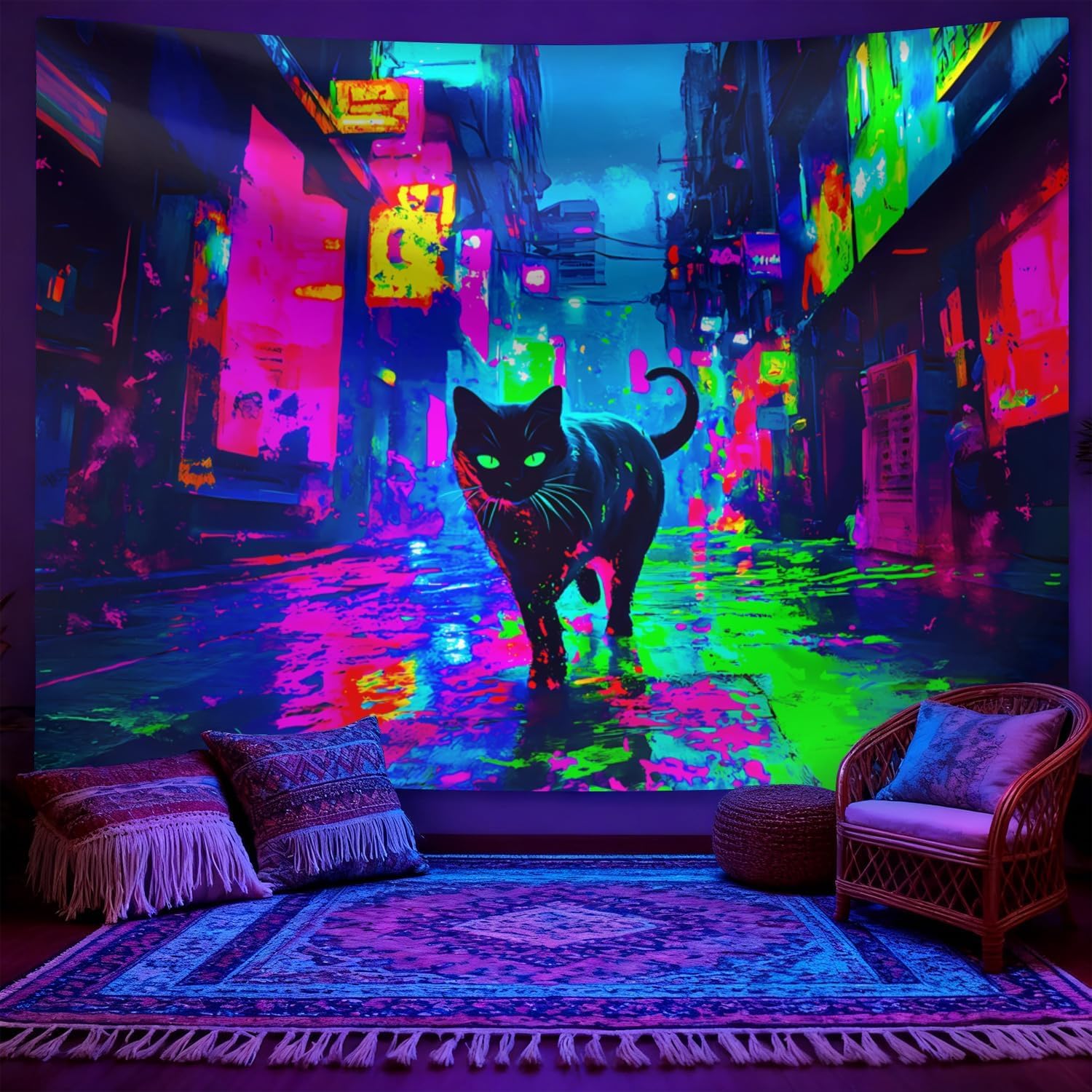 Street Fashion Poster - Cyberpunk Neon Cat Wall Tapestry Home