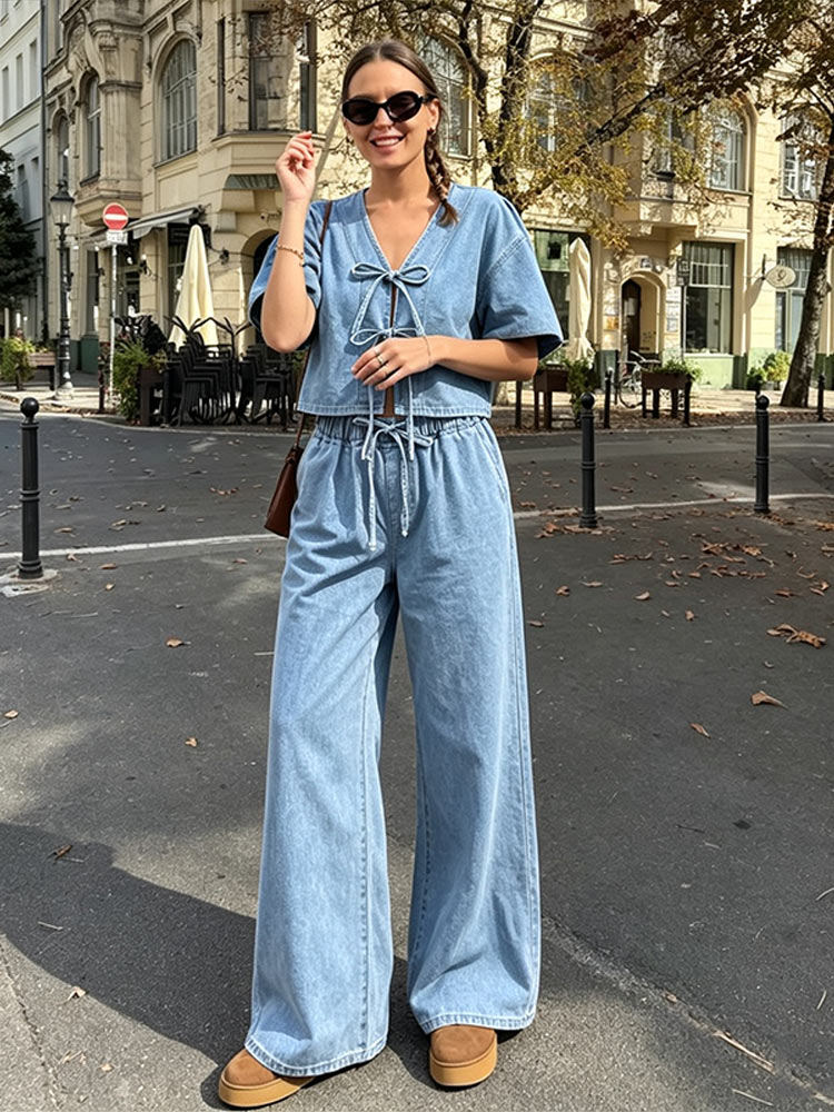 Casual Short Sleeve V Neck Lac - огляд і ціна Street Fashion Jeans Women