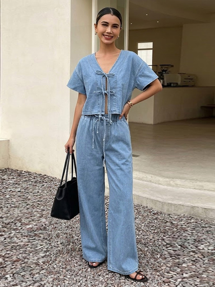 Casual Short Sleeve V Neck Lac - огляд і ціна Street Fashion Jeans Women