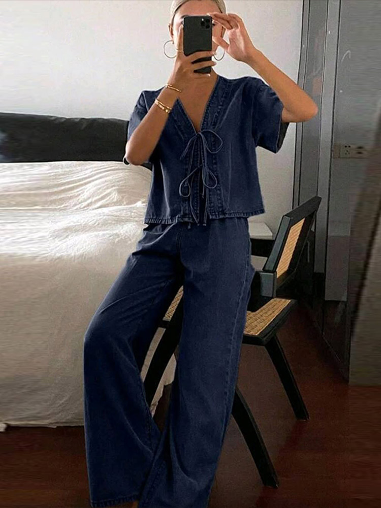 Casual Short Sleeve V Neck Lac - огляд і ціна Street Fashion Jeans Women