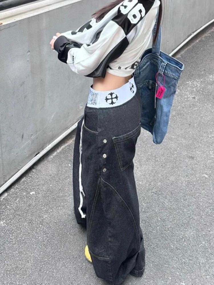 American retro spliced waist j - огляд і ціна Street Fashion Jeans Women